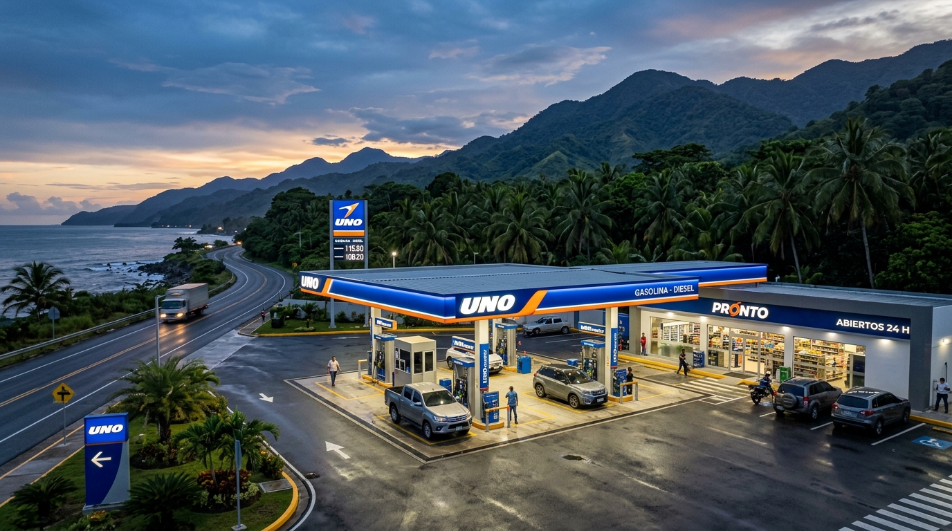 Gasolinera UNO iluminada al anochecer junto a la carretera
