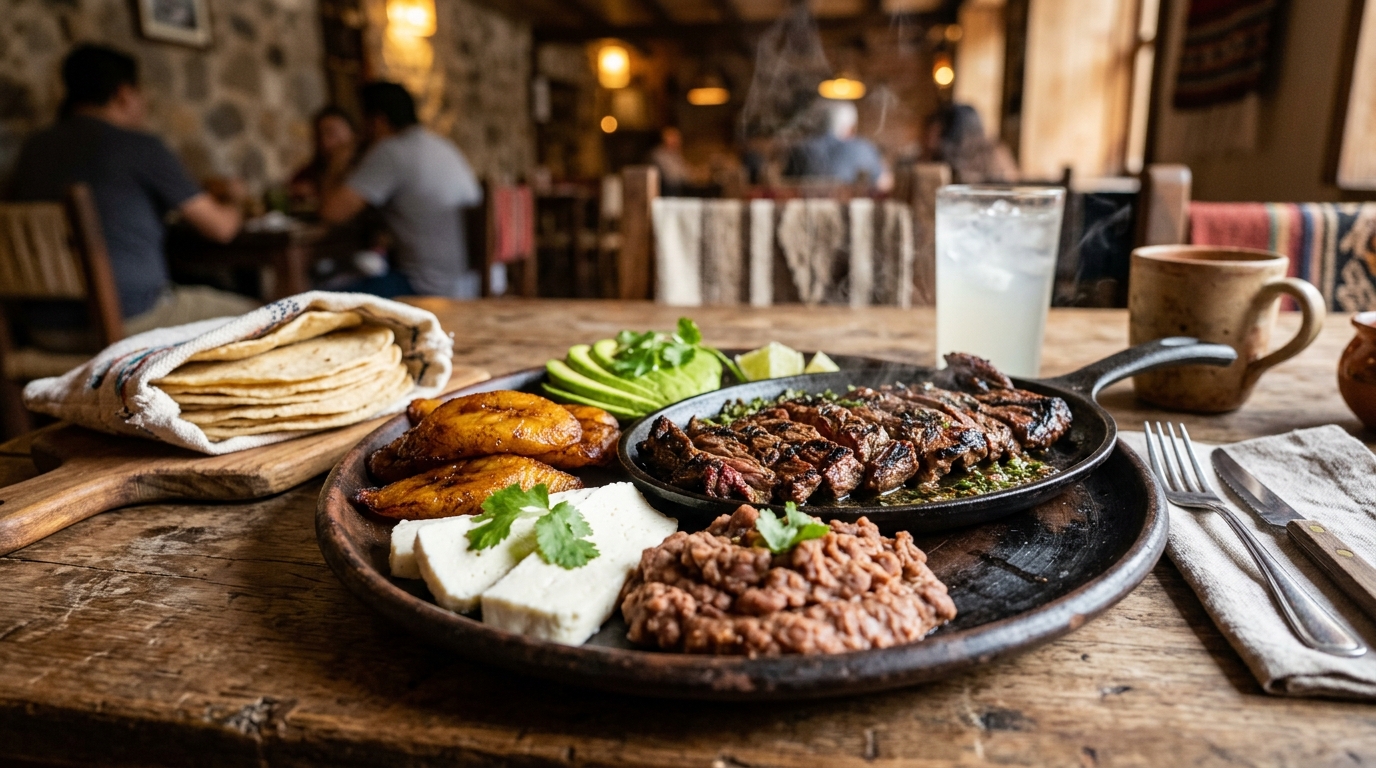 Plato típico con carnes asadas, tortillas y plátano del restaurante